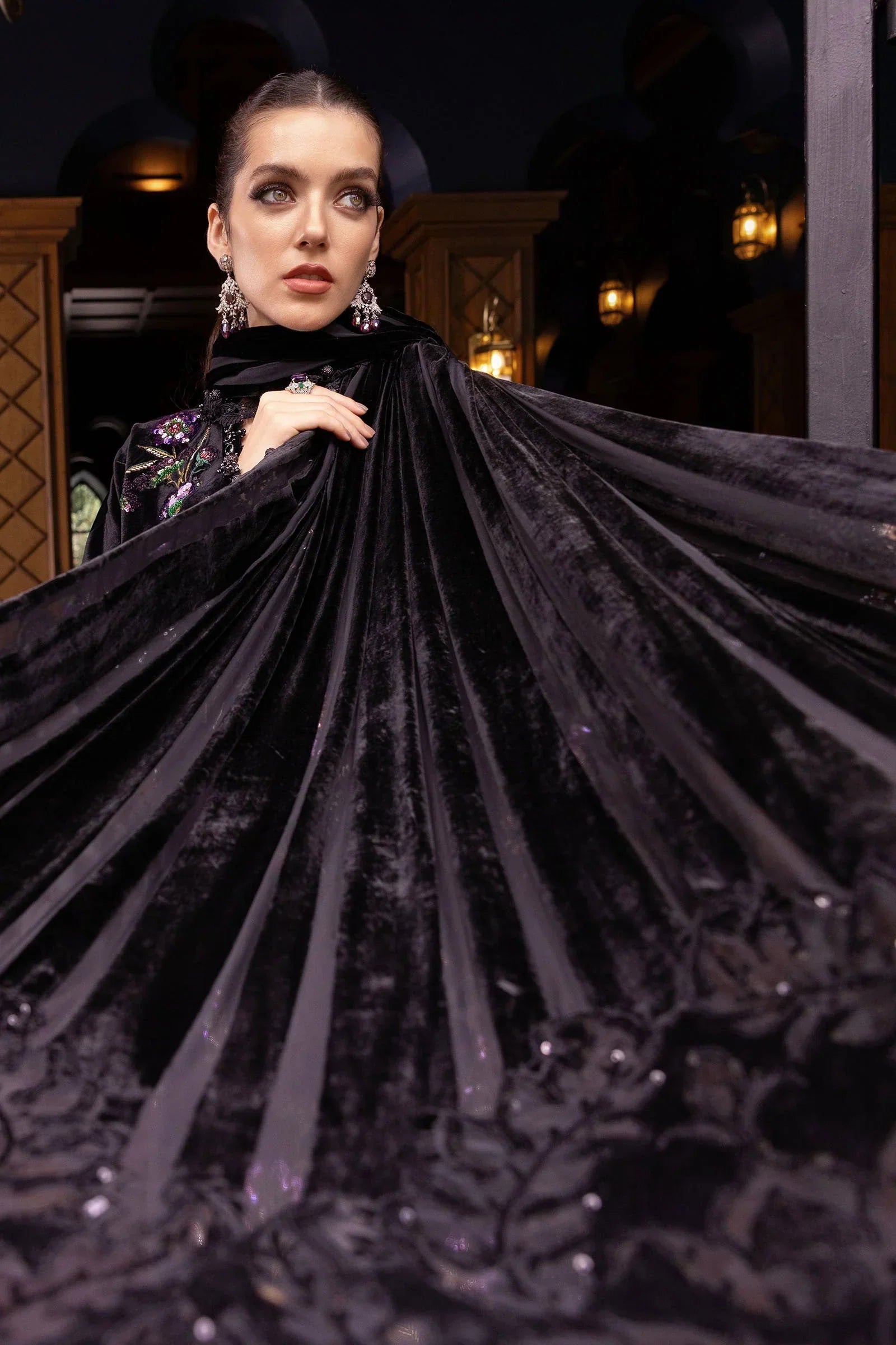 Midnight Black & Magenta Floral: Embroidered Velvet Suit | Ready To Wear