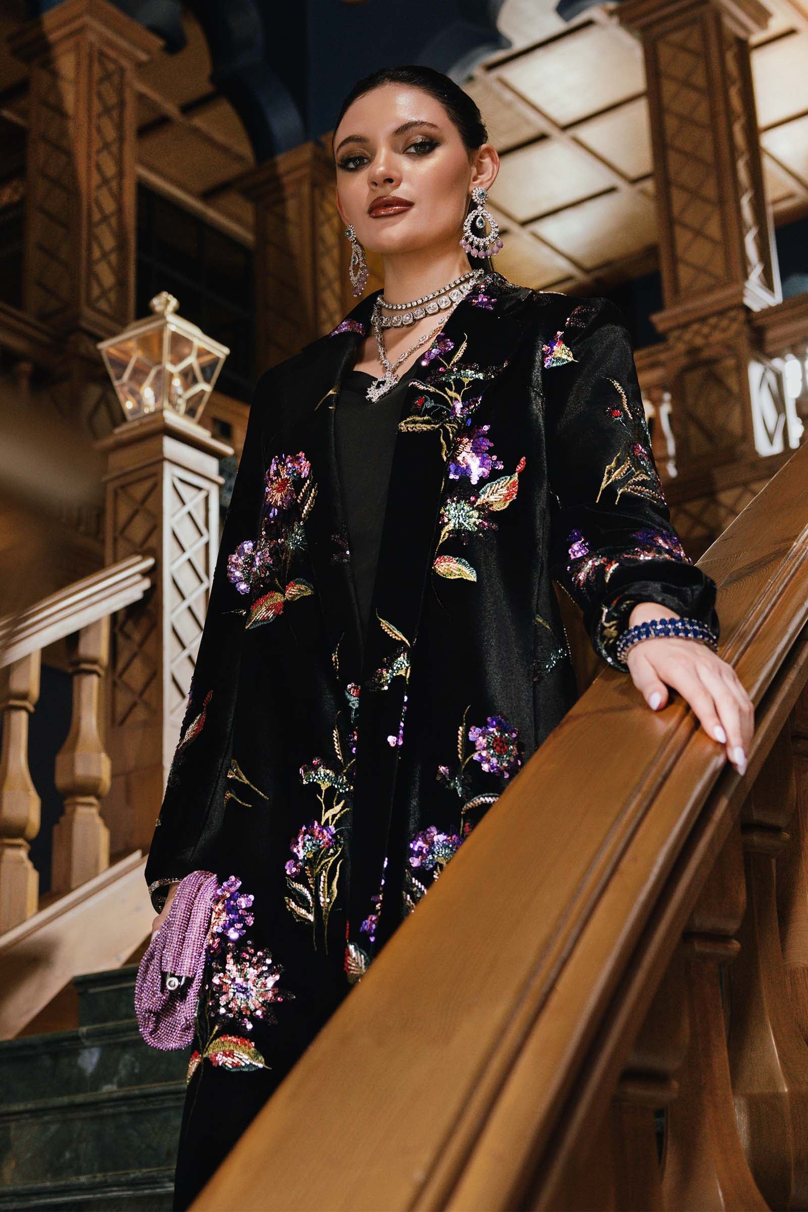 Midnight Black & Lavender: Folral Embroidered Silk Suit