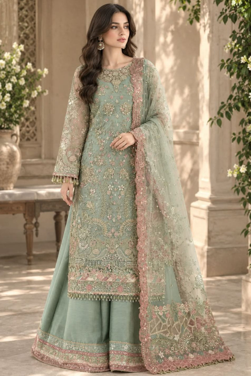 Sage Green Semi Pure Chiffon 3 piece Suit | Ready To Wear