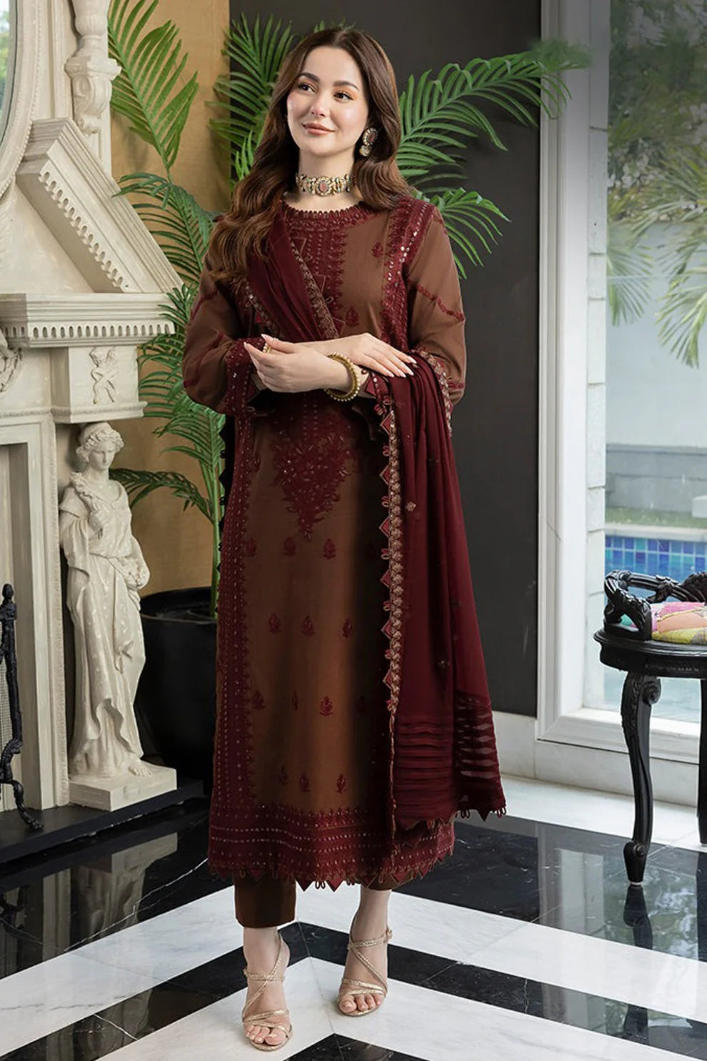 3PC CHIFFON EMBROIDERED SHIRT WITH CHIFFON EMBROIDERED DUPATTA AND TROUSER STITCHED