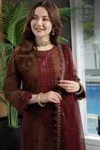 3PC CHIFFON EMBROIDERED SHIRT WITH CHIFFON EMBROIDERED DUPATTA AND TROUSER STITCHED