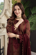 3PC CHIFFON EMBROIDERED SHIRT WITH CHIFFON EMBROIDERED DUPATTA AND TROUSER STITCHED