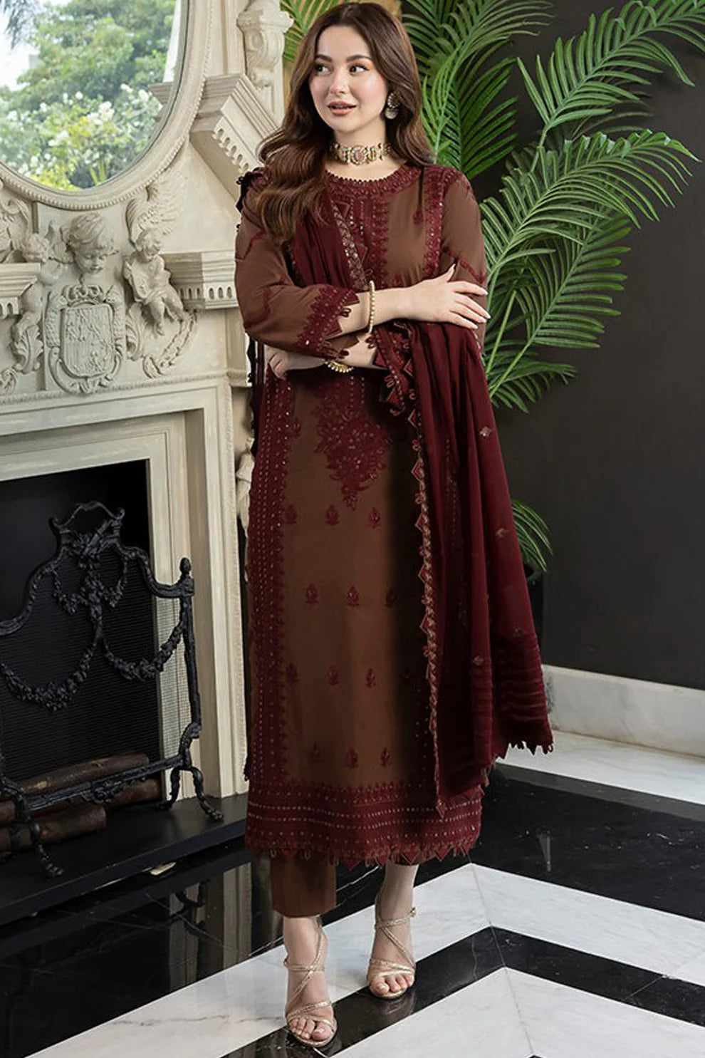 3PC CHIFFON EMBROIDERED SHIRT WITH CHIFFON EMBROIDERED DUPATTA AND TROUSER STITCHED