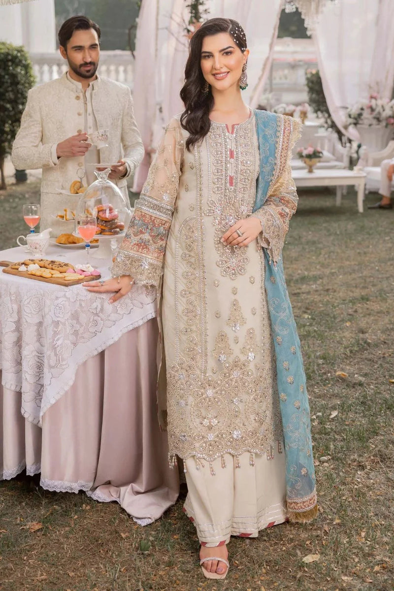 Ivory Cream: Heavy Embroidered Organza Suit With Net Dupatta | Ready To Wear