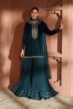 Peacock Teal & Antique Gold: Embroidered Velvet Suit | Ready To Wear