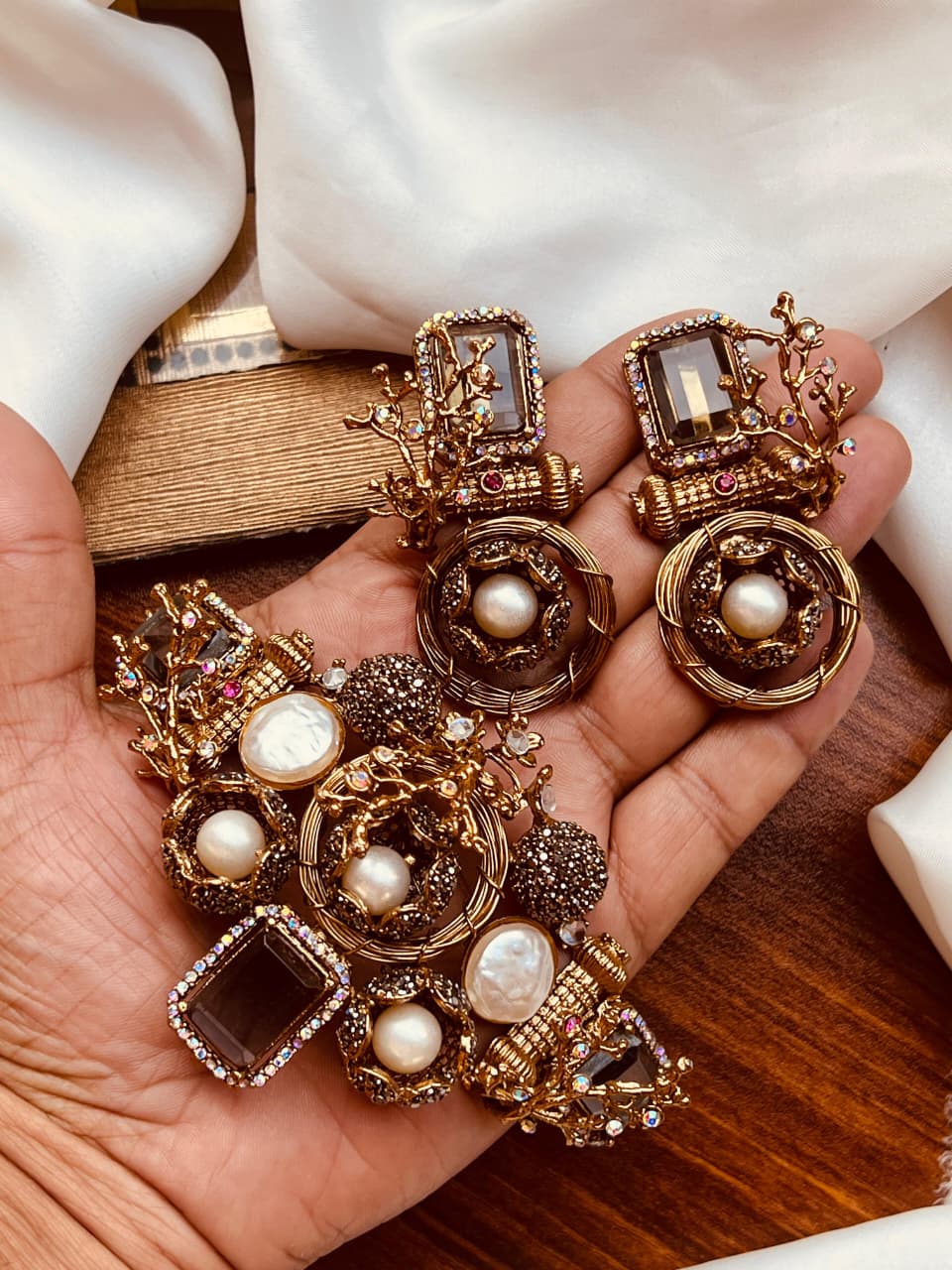 Premium Gold-Plated Statement Earrings – Crystal & Pearl Embellished