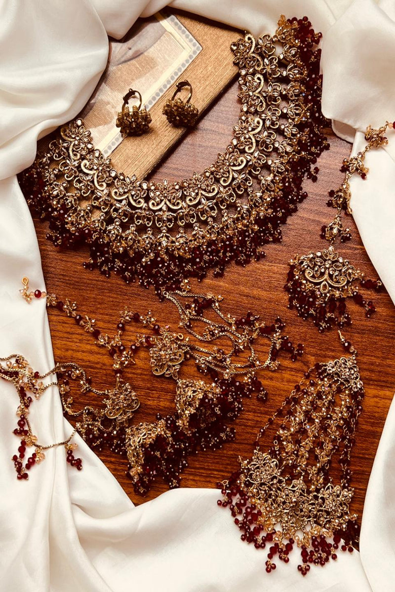 Luxury Bridal Jewelry Set – Antique Gold with Deep Maroon Beads