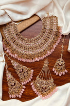 Luxurious Rose Gold and Pink Bridal Kundan Choker Jewelry Set with Jhoomar and Tika