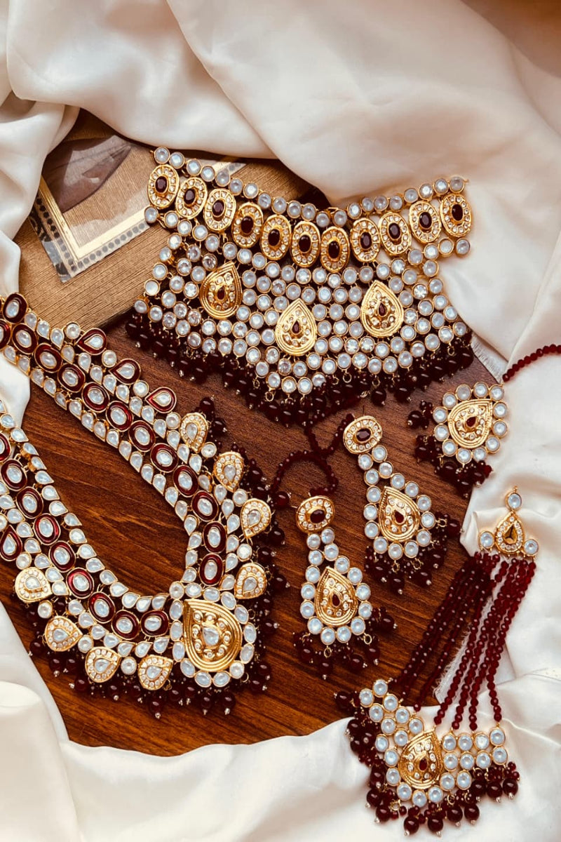 Grand Maroon and Off-White Kundan Bridal Set