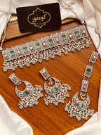 Luxury Silver Bridal Choker Set with Crystal & Pearl Detailing