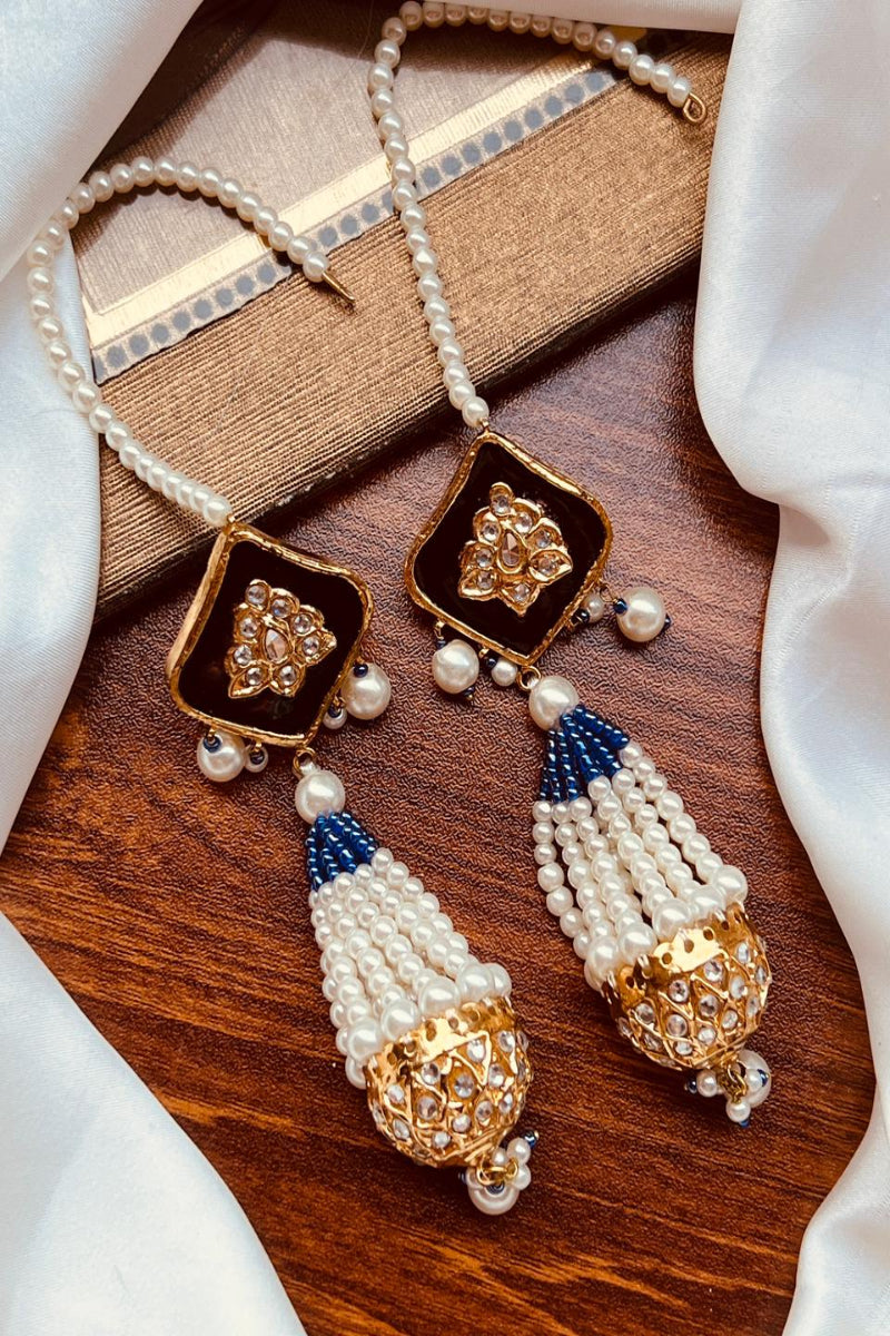 Elegant Pearl Tassel Earrings with Gold & Blue Accents