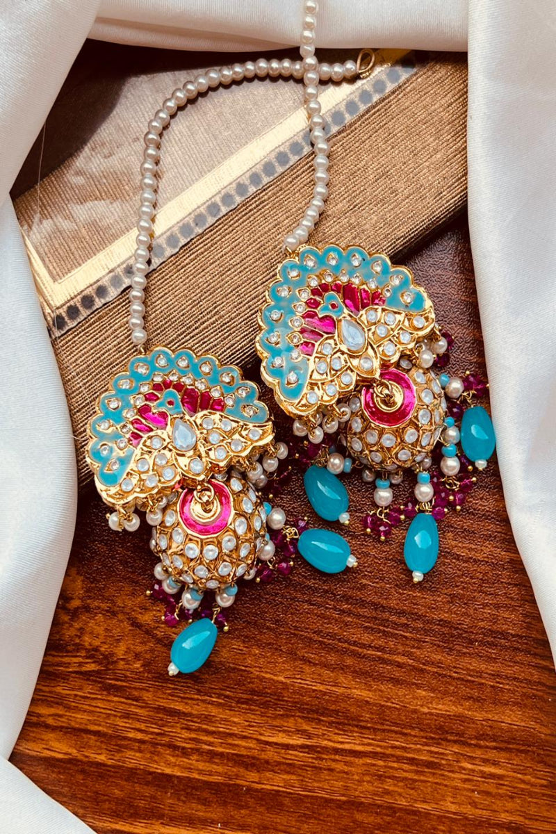 Turquoise & Pink Kundan Pearl Drop Earrings