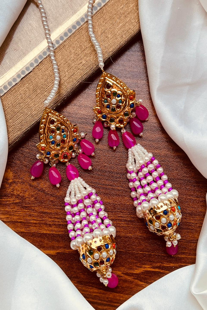 Pink Beaded Pearl Tassel Kundan Earrings