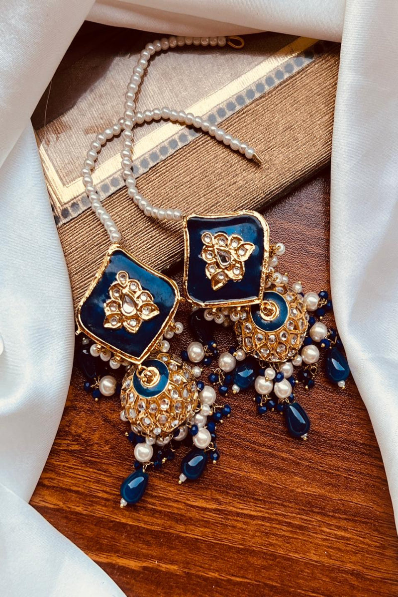 Royal Blue Meenakari Jhumkas with Pearl Saharas