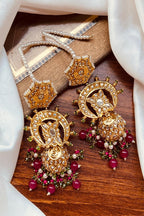 Golden Chandbali Jhumkas with Ruby Pink Accents