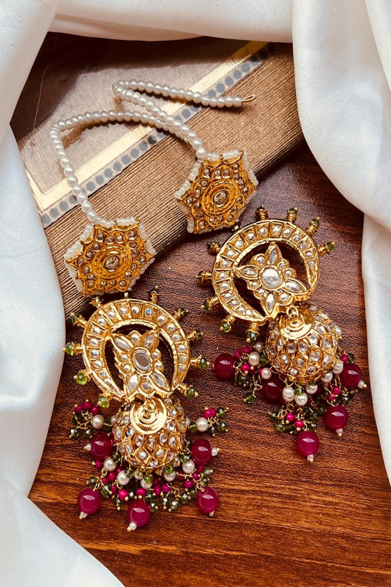 Golden Chandbali Jhumkas with Ruby Pink Accents