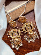 Golden Chandbali Jhumkas with Ruby Pink Accents