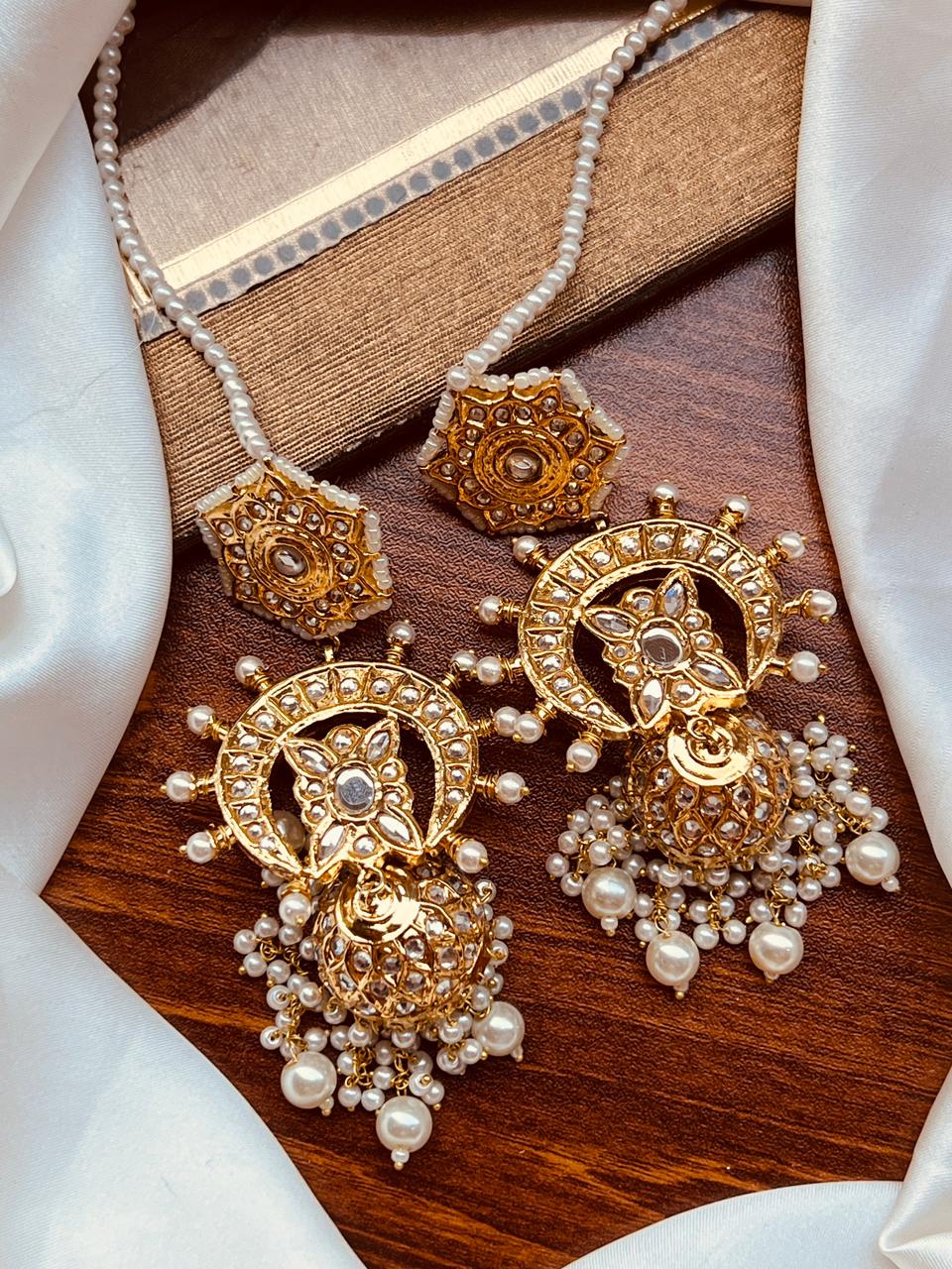 Golden Chandbali Jhumkas with Ruby Pink Accents