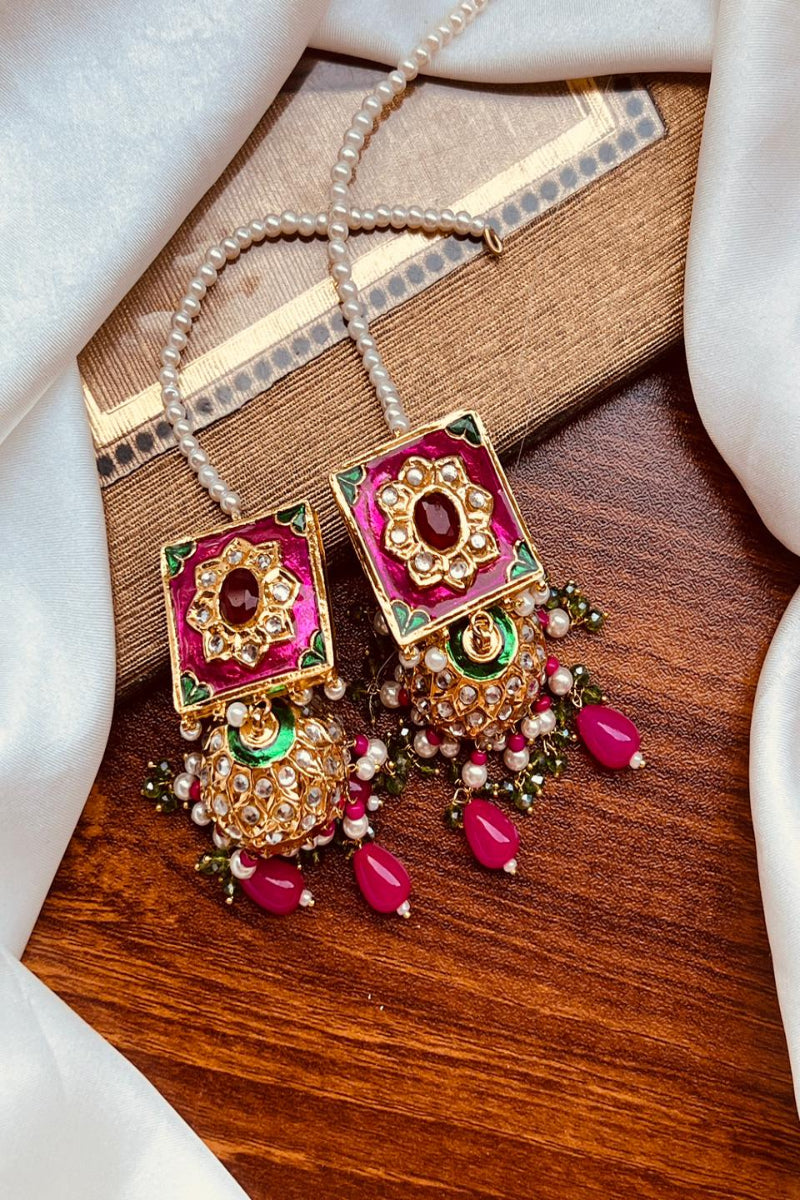 Royal Fuchsia & Emerald Square Meenakari Jhumkas
