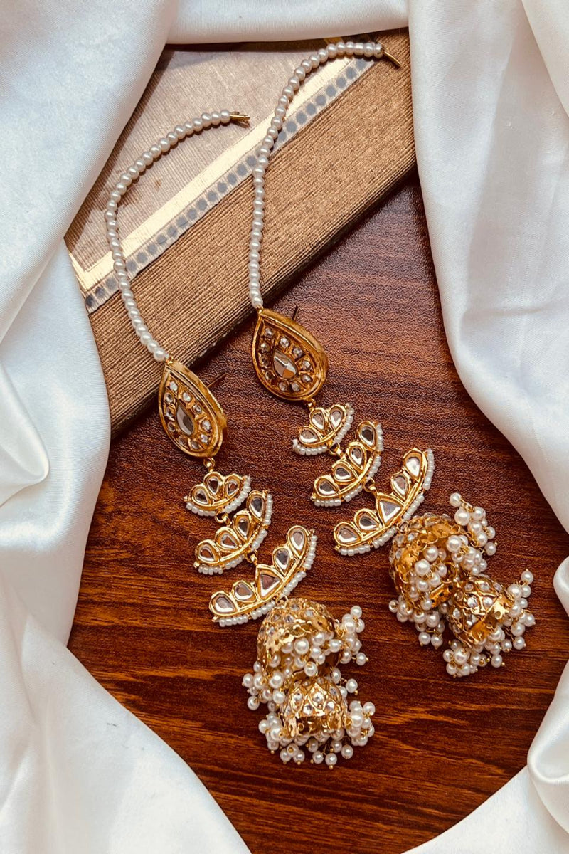 Long Tiered Kundan & Pearl Drop Jhumkas