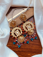 Golden Chandbali Jhumkas with Ruby Pink Accents
