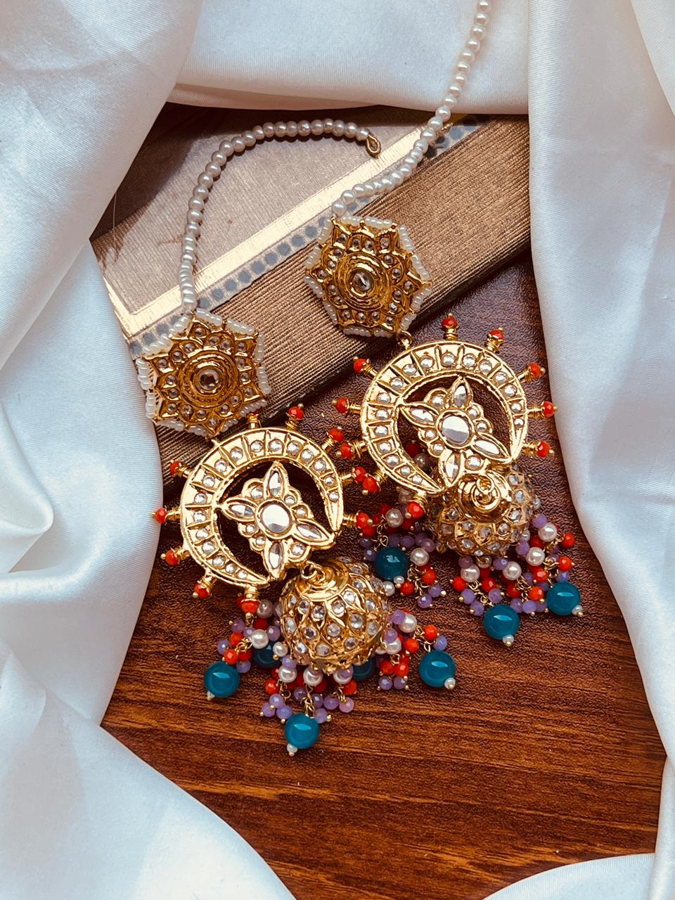 Golden Chandbali Jhumkas with Ruby Pink Accents