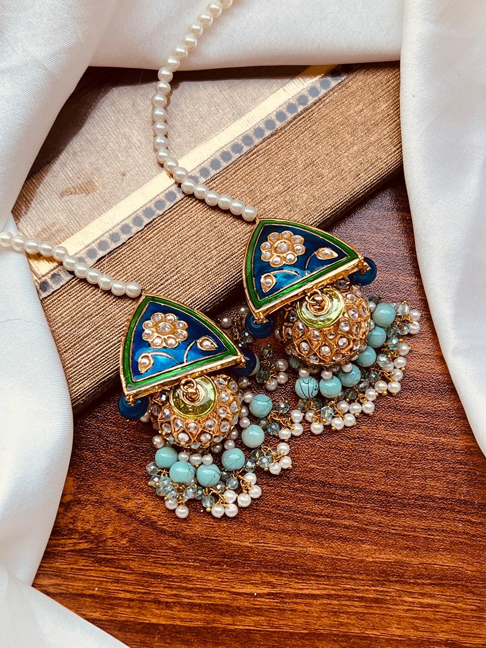 Royal Navy & Gold Meenakari Square Jhumka