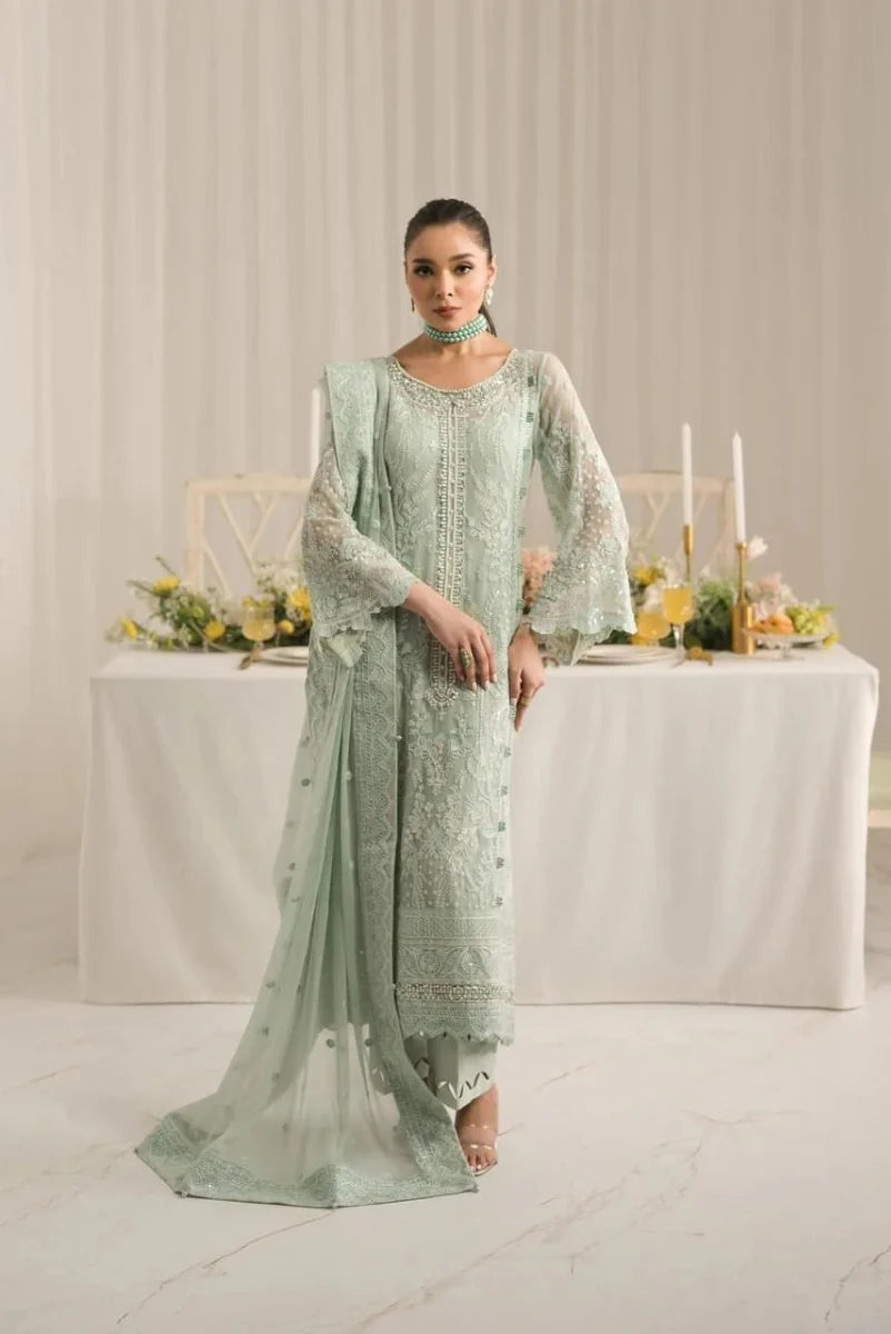 Soft Sage Green: Embroidered Chiffon Suit With Malai Trouser | Ready To Wear