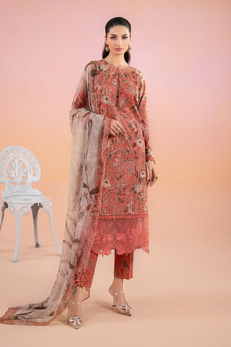 03-Piece Printed Embroidered Lawn Suit With Chiffon Dupatta - Ready To Wear