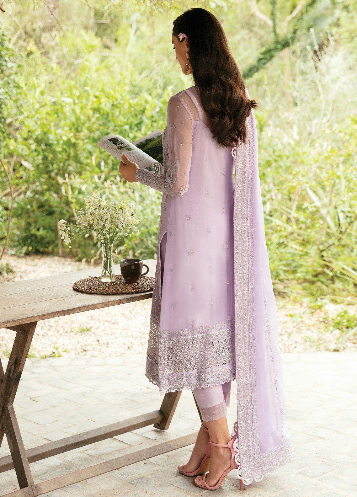 Pastel Lilac & Silver Embroidered Chiffon Suit With Soft Malai Trouser | Ready To Wear