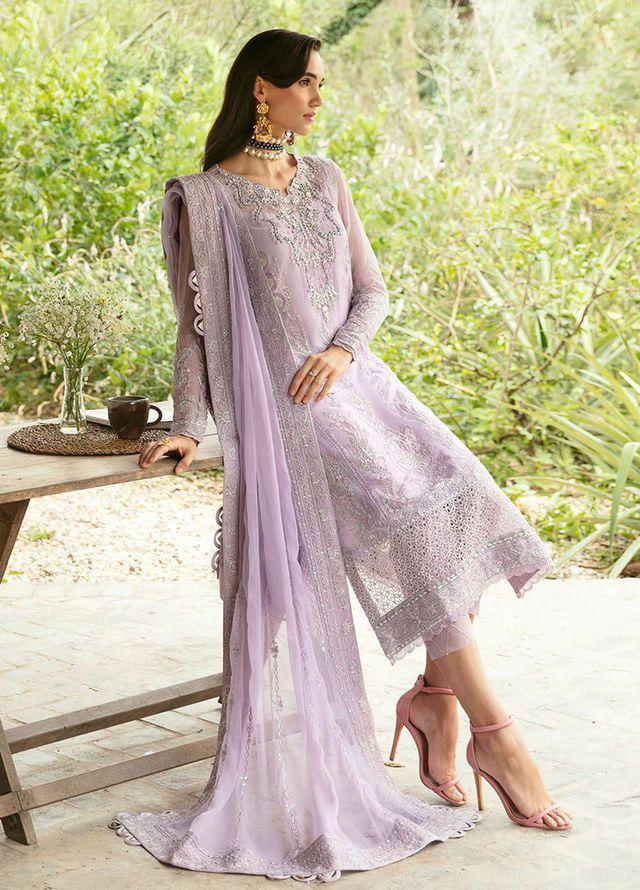 Pastel Lilac & Silver Embroidered Chiffon Suit With Soft Malai Trouser | Ready To Wear