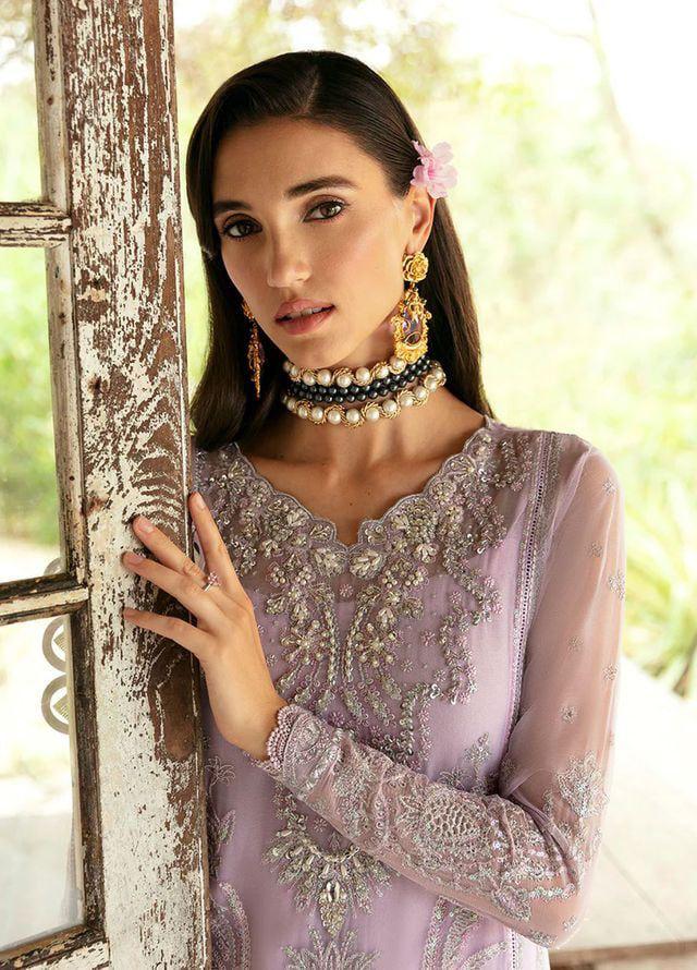 Pastel Lilac & Silver Embroidered Chiffon Suit With Soft Malai Trouser | Ready To Wear