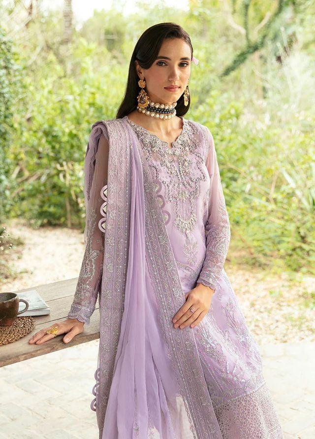 Pastel Lilac & Silver Embroidered Chiffon Suit With Soft Malai Trouser | Ready To Wear