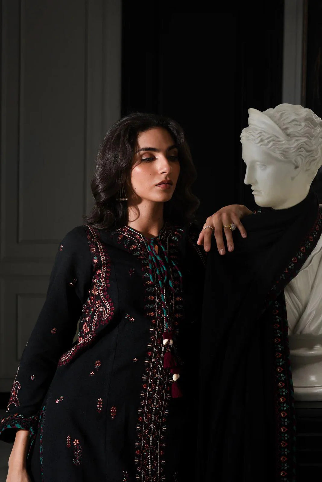 Midnight Noir: Multi Thread Embroidered Cotton Suit | Ready To Wear