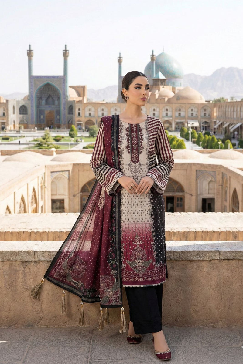 Beige and Maroon: Embroidered Silk Suit | Ready To Wear