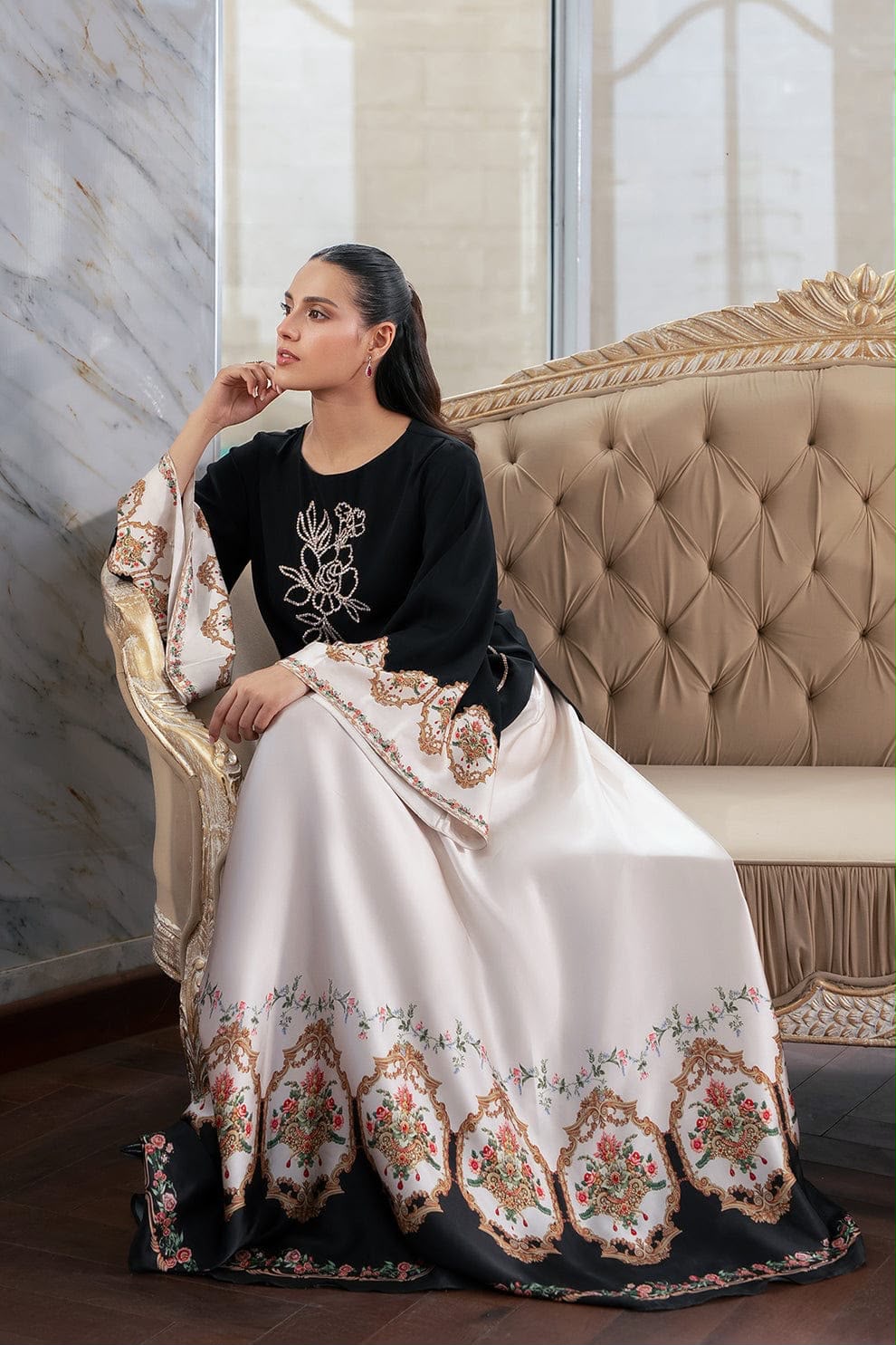 Black Pearl & Cream: Floral Silk Suit | Ready To Wear