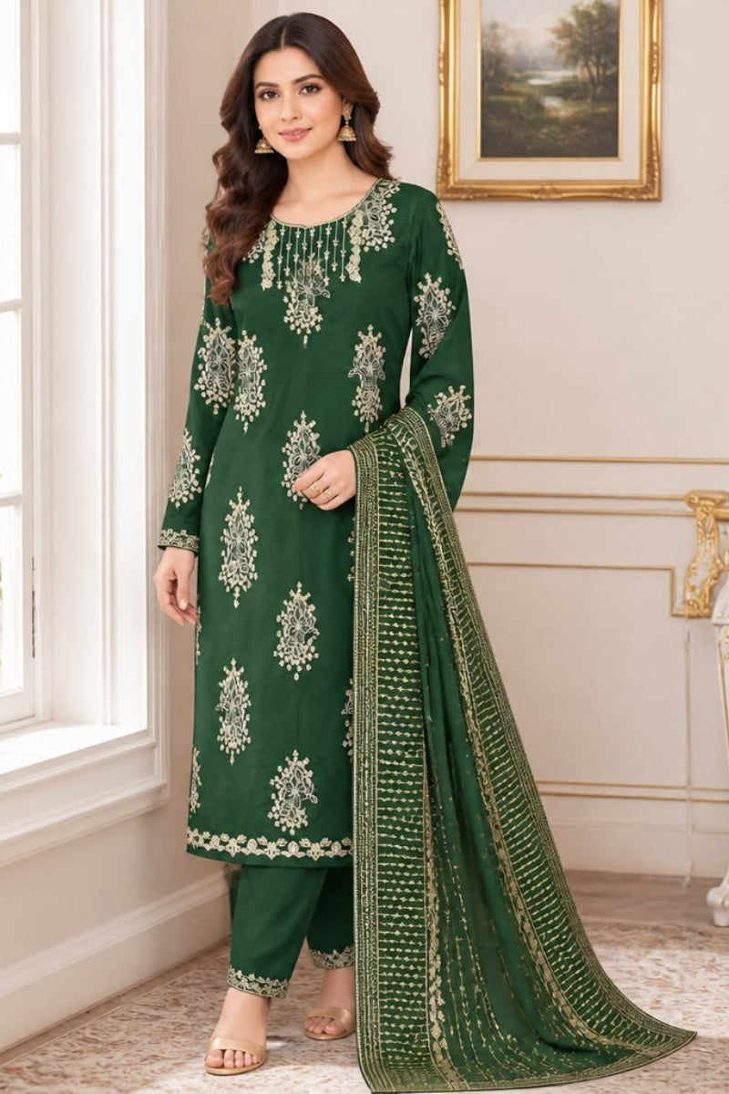 Dark Green: Embroidered Silk Suit WIth Chiffon Embroidered Dupatta | Ready To Wear