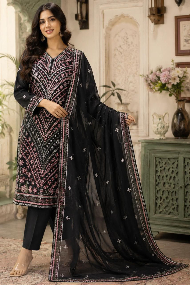 Jet Black: Embroidered Lawn Suit With Chiffon Dupatta | Ready To Wear