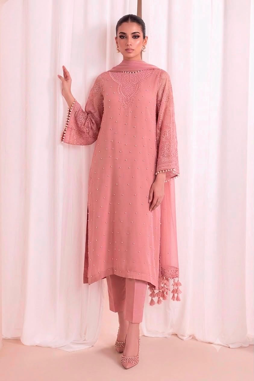03-Piece Embroidered Chiffon Suit With Malai Trouser | Ready To Wear