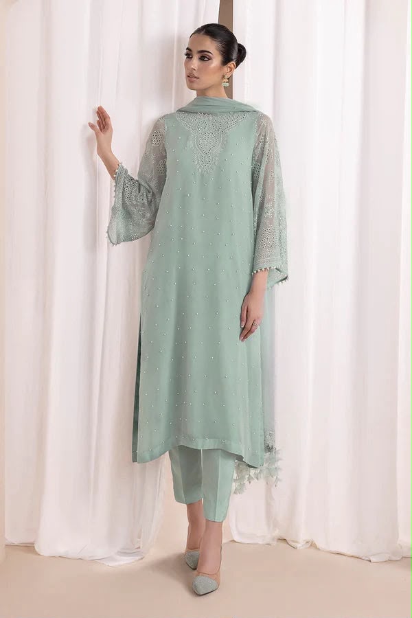 03-Piece Embroidered Chiffon Suit With Malai Trouser | Ready To Wear