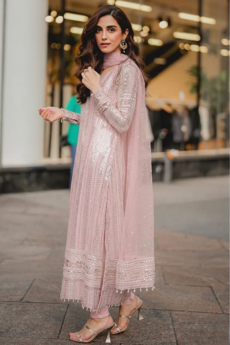 Dusty Rose & Silver Sparkle: Chiffon Suit With Sequin Embroidery | Ready To Wear