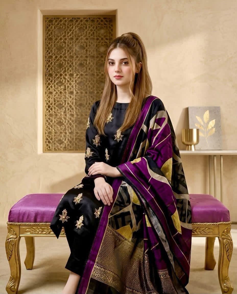 03-Piece Shamoze Silk Suit With Pearls & Beads Handwork | Ready To Wear