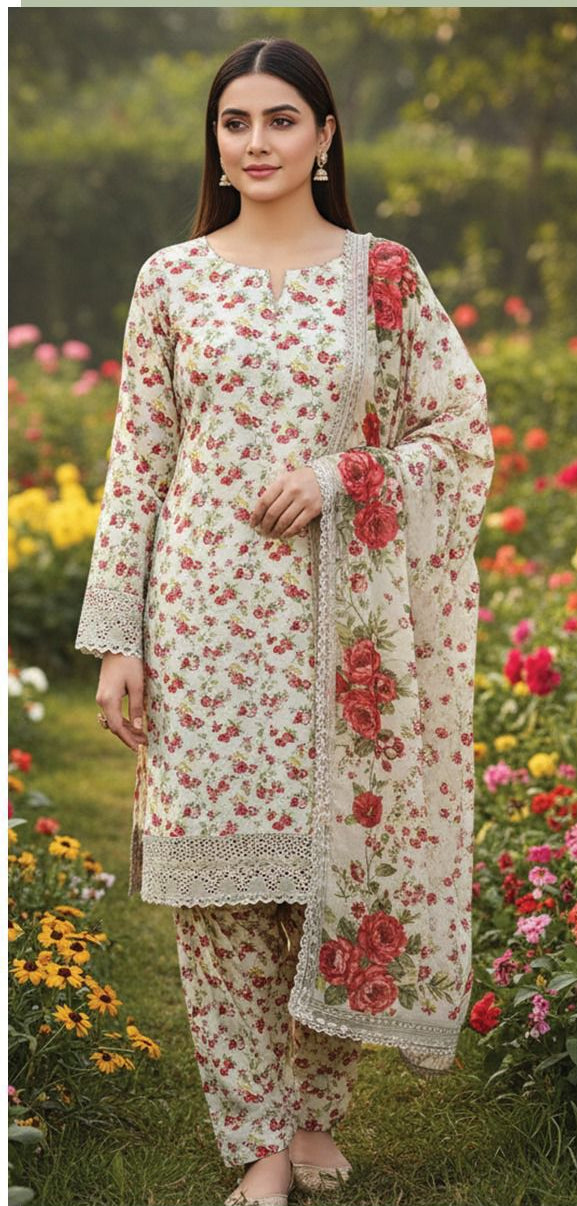 Lawn 3-Piece Suit with Chiffon Dupatta