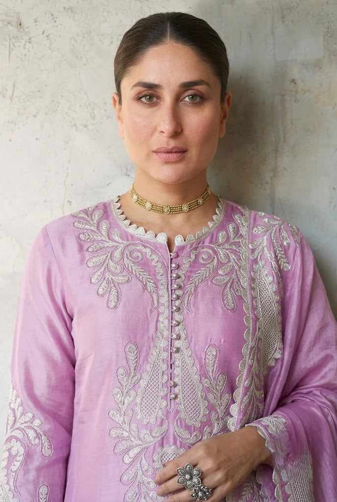 The Lilac Charm: 3 Piece - Embroidered Silk Suit | Ready To Wear