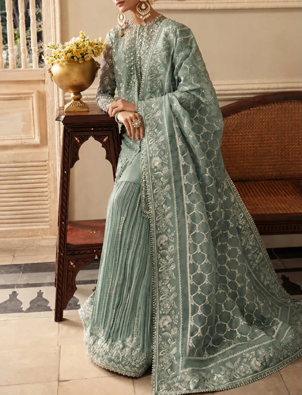 Mint Mirage: Embroidered Organza Shirt with Pleated Lehenga | Ready To Wear