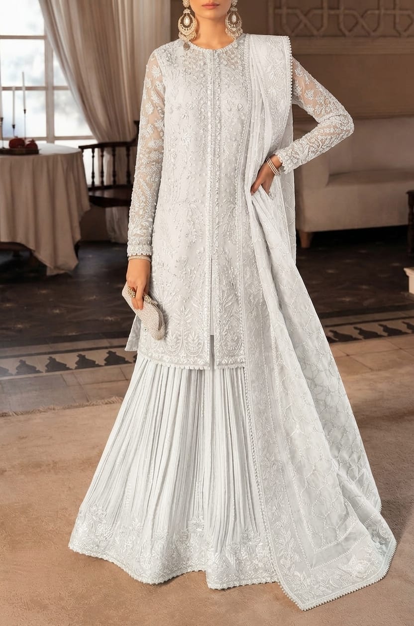03-Piece Embroidered Organza Shirt with Pleated Lehenga | Ready To Wear