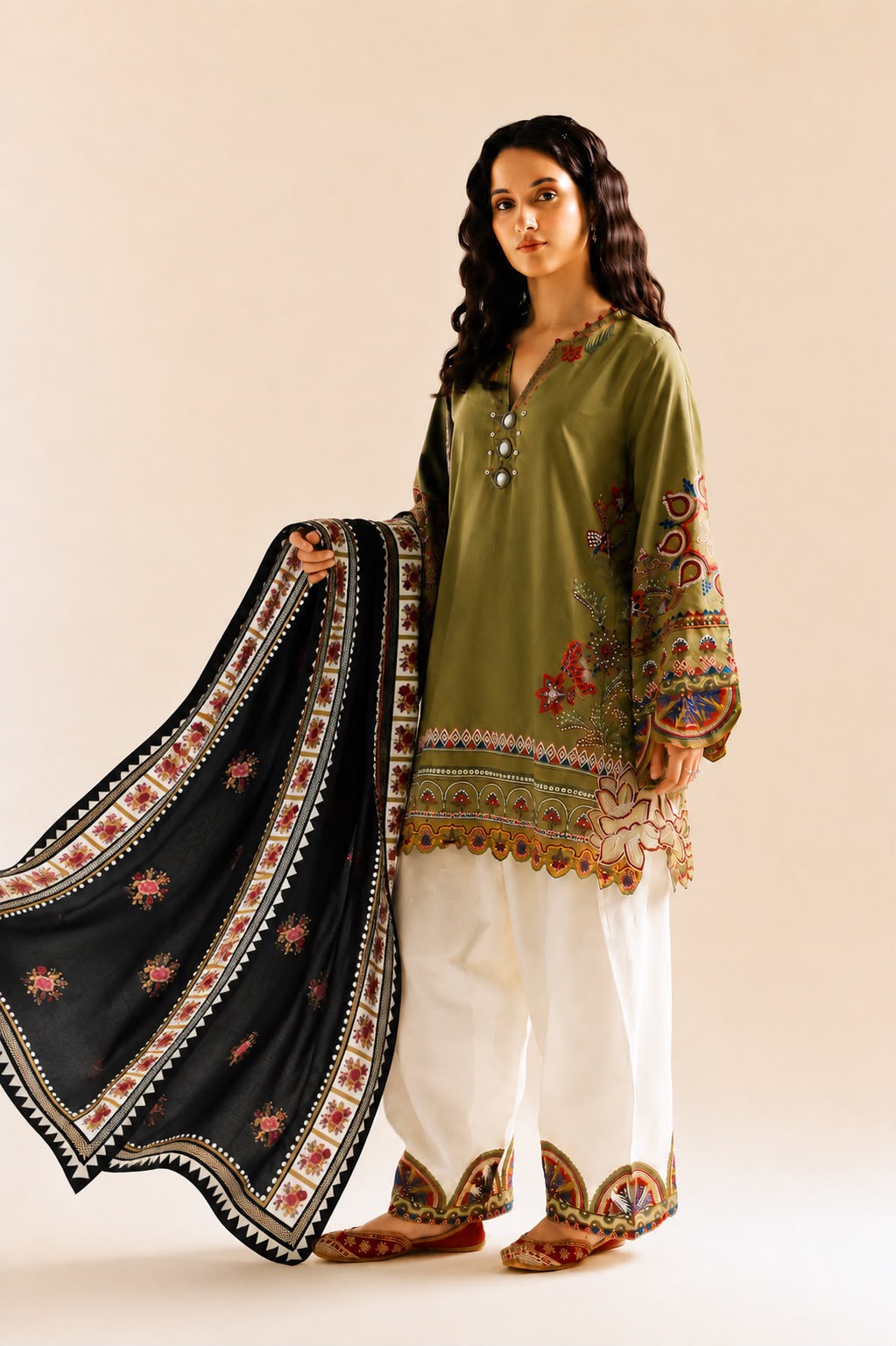 Ethnic Luxury Lawn 2026 – Heavy Embroidered 3-Piece Farshi Trouser Suit with Chiffon Digital Dupatta