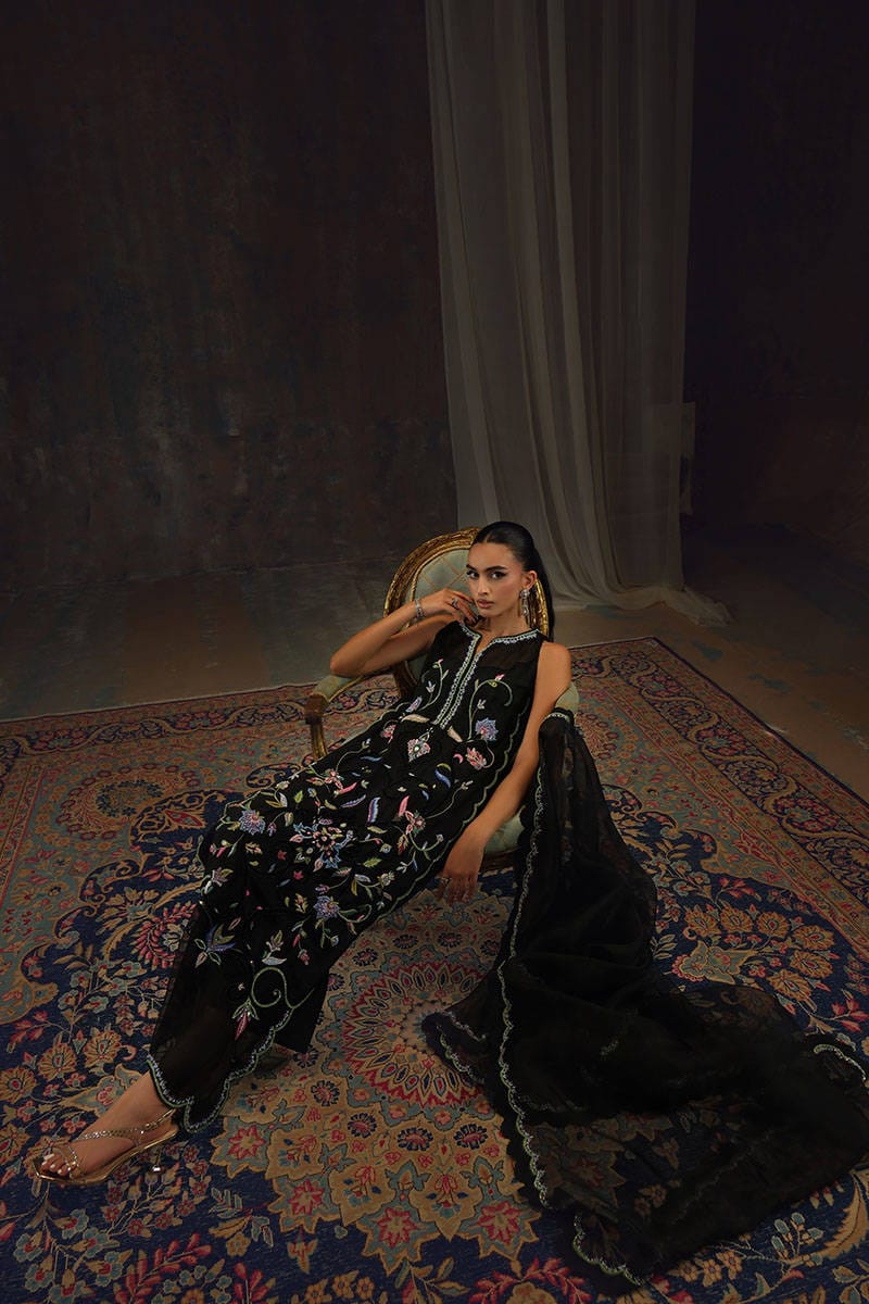Jet Black & Multicolored Floral Embroidered Silk Suit With Organza Dupatta | Ready To Wear