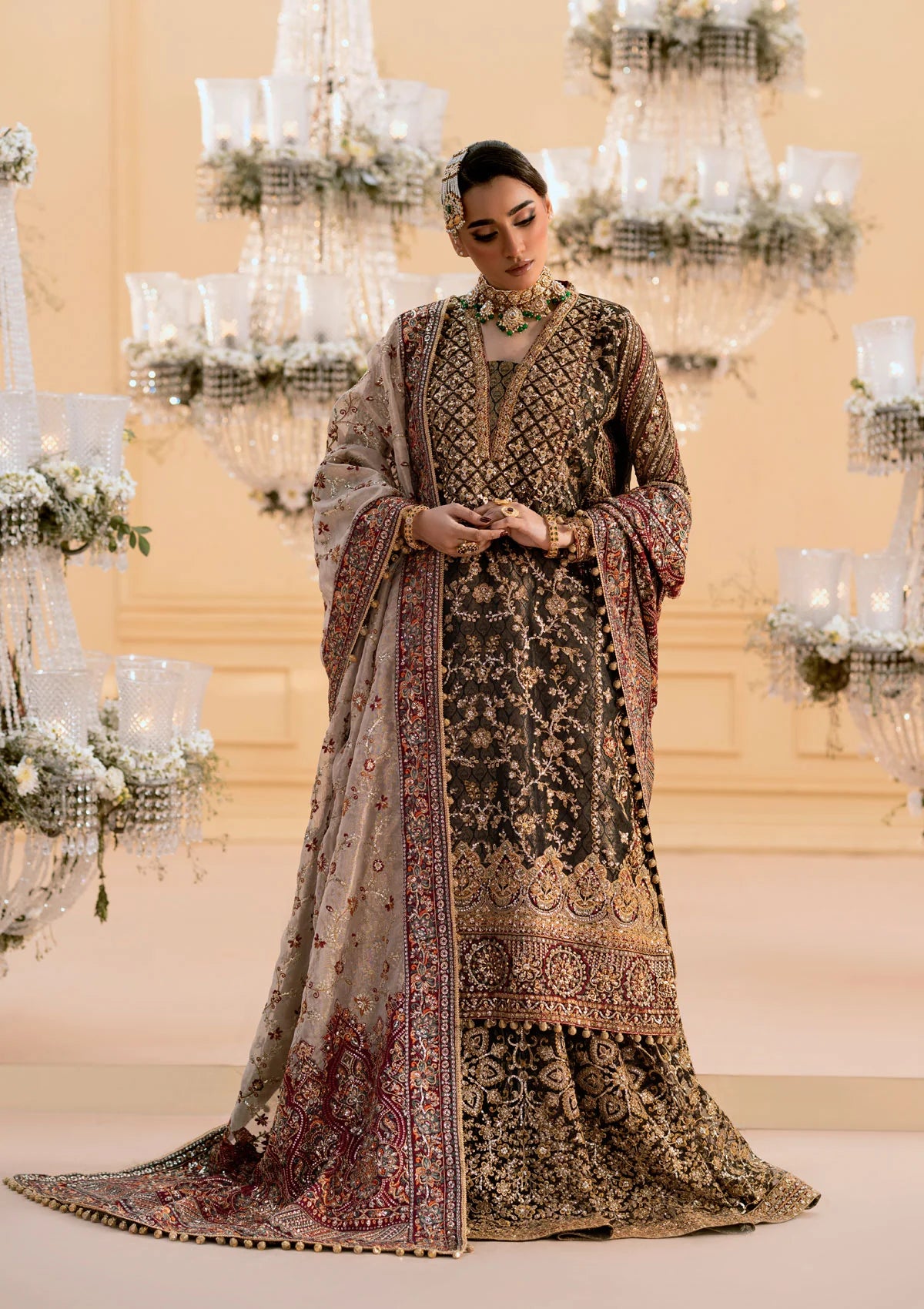 Deep Antique Bronze & Charcoal: Embroidered Organza Suit | Ready To Wear