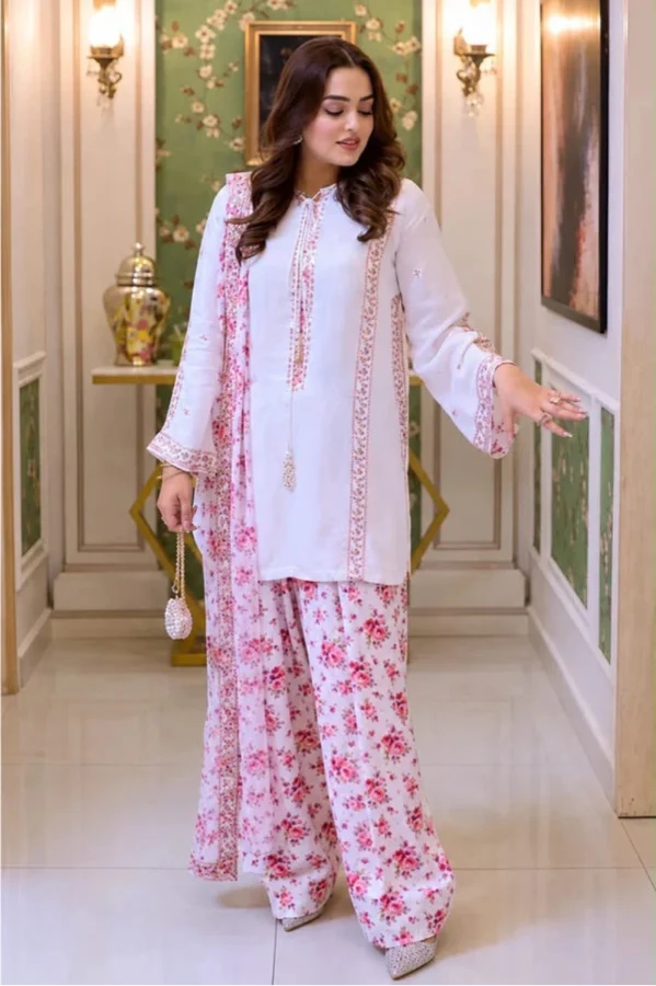Ivory White & Blush Pink: Floral Printed Silk Suit | Ready To Wear